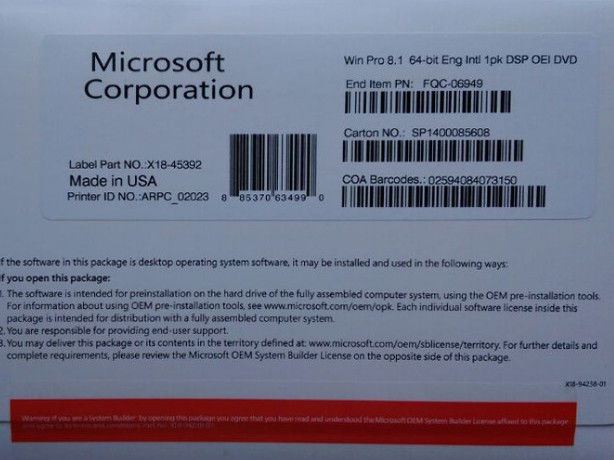 Συσκευασία Microsoft Windows 8,1 cOem επαγγελματική σφαιρική ενεργοποίηση περιοχής 100%