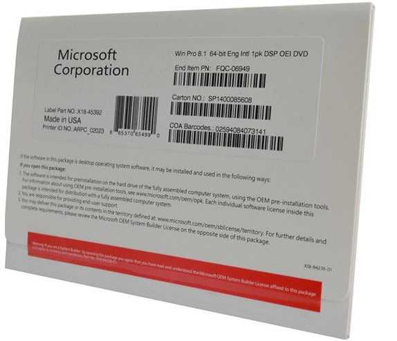 Το καυτό πωλώντας Microsoft Windows 8,1 επαγγελματικός τριανταδυάμπιτος εξηντατετράμπιτος cOem DVD κερδίζει την υπέρ βασική αυτοκόλλητη ετικέττα coa συσκευασίας cOem 8,1 dvd